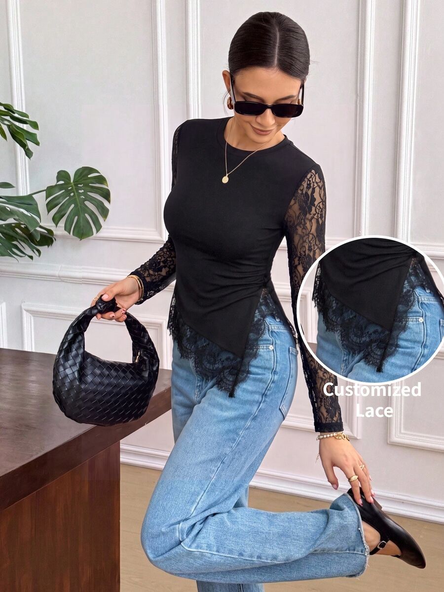 SHEIN Frenchy 女款蕾絲拼接性感約會長袖T恤，秋冬優雅正式奢華商務時尚基礎款，聖誕返校節慶適用 - 黑色 - 查看 1