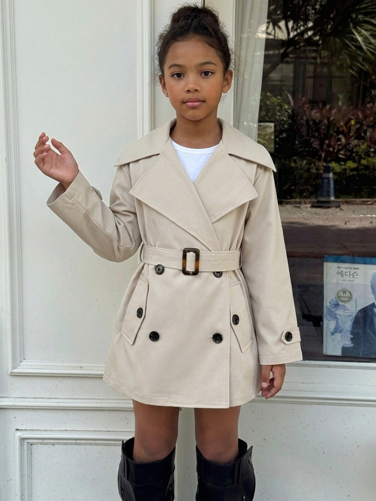SHEIN Tween Girl Tween Girls Elegant Double-Breasted Belted Trench Coat French Style Clothes In Fall/Winter - Khaki - View 11