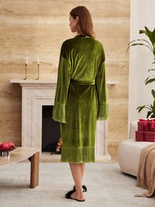 Moireta Women's Shiny Velvet Willow Long Robe - Dark Green - View 2
