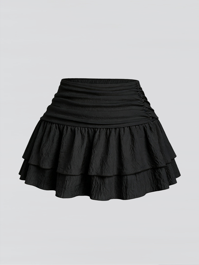 Sweetra Plus Size Sweet New Versatile High Waist Pleated Double Layer Solid Color Cake Skirt Fall