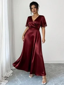 Juhart 大尺碼女款 V 領蕾絲拼接休閒派對洋裝 - 酒紅色 - 查看 3