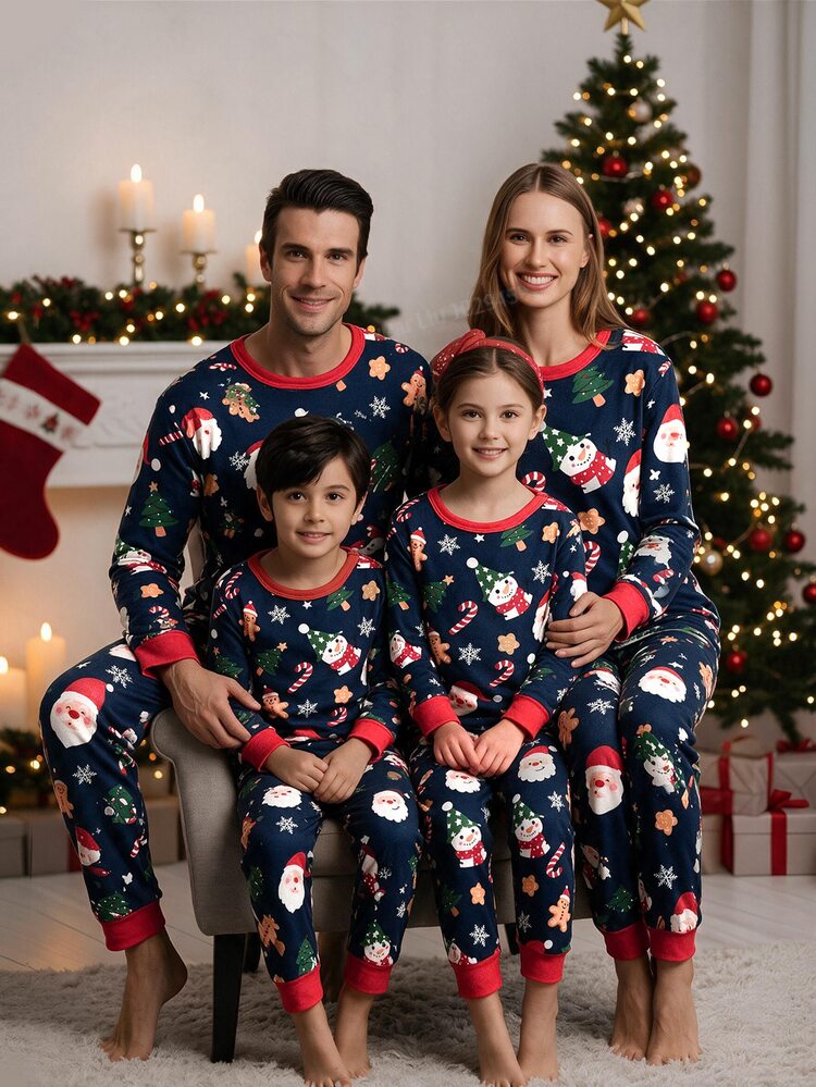 SHEIN [Excl, Baby & Kids]Men's Cartoon Print Long Sleeve Top And Pants Christmas Home Wear Set - Multicolor - View 3