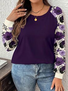 SHEIN LUNE Plus Size Women's Casual Raglan Sleeve Round Neck Loose T-Shirt, Suitable For Spring/Autumn - Purple - View 5