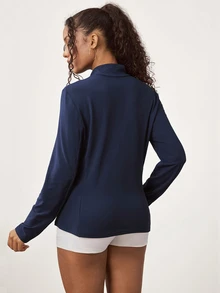 SHEIN Core Rhythm جاكيت رياضي نسائي بلون موحد مع سحاب كاجوال متعدد الاستخدامات بأكمام طويلة - أزرق بحري - مشاهدة 2