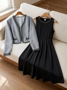 Bộ 2 món cho bé trai tuổi teen mùa thu phong cách casual dễ thương, áo khoác dệt tay tay dài vạt mở và váy yếm cổ tròn đính hạt, trắng đen, đi tiệc sinh nhật - màu đen - Xem 8