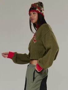 Musera Sport High Neck Contrast Colour Embroidered Logo Balloon Sleeve Cropped Knitted Jumper Active Fall Winter - Army Green - View 4