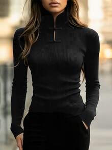 SHEIN Women's Elegant Frog Button Ribbed Long Sleeve Top For Office And Commute,Long Sleeve, Cinched Waist,Winter Clothes,Fall/Winter,Halloween,Going Out - Black - View 5