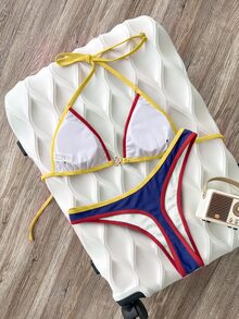 Elavelle 女款春夏拼接色歐美性感風掛脖金屬飾高衩比基尼泳衣套裝 - 彩色 - 查看 5
