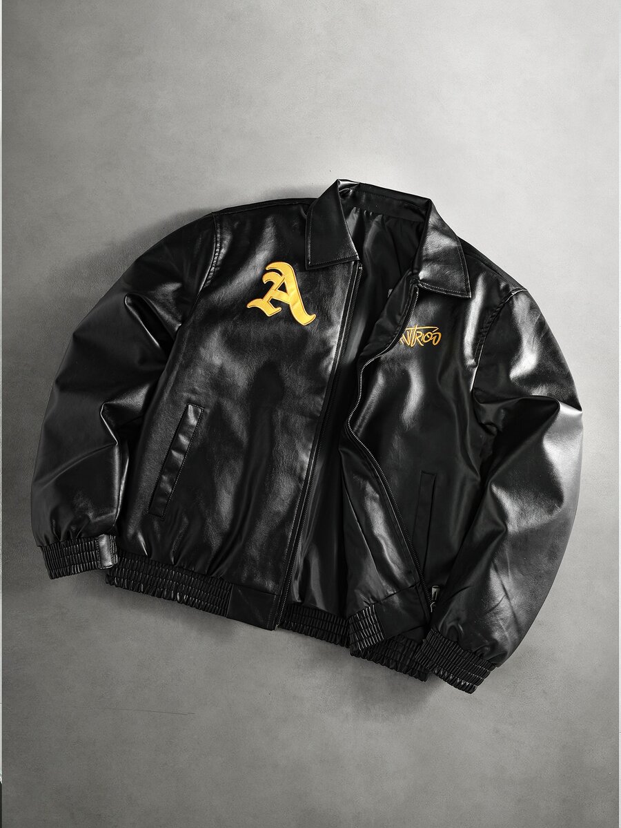 Men's Casual Pavtros Long Sleeve A-Logo Zipper PU Jacket - Black - View 1