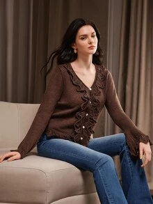 Anewsta Women's Brown Thin Comfortable Versatile Knit Cardigan Top For Vacation And Outings - Coffee Brown - View 3
