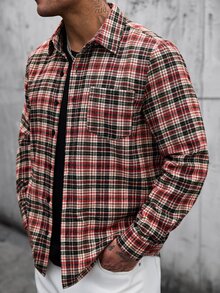 Manfinity CasualCool 男士格紋口袋單排扣長袖時尚襯衫 - 彩色 - 查看 1