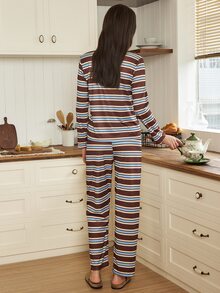 Doze Lane Striped Print Button-Up Long Sleeve Cardigan & Long Pants Women's Pajama Set - Multicolor - View 3