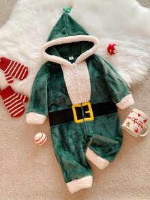 SHEIN 中性新生兒嬰兒男/女童、幼兒秋冬可愛毛絨聖誕老人連身衣、嬰兒冬季連身褲、聖誕老人套裝、聖誕節 - 綠色 - 查看 4
