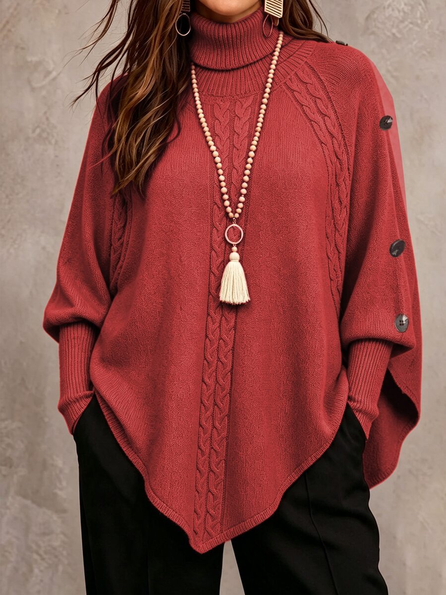 Linhara CURVE Women's Solid Color Knit Button High Neck Batwing Long Sleeve Cape Style Fitted Elegant Autumn/Winter Sweater - Red - View 1