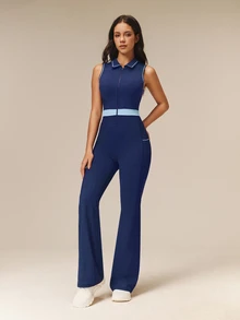 OutZeal One-Piece Women Outdoor Jumpsuit Casual Studio Bra-In Front Half Zip Flared Leg With Pockets - Navy Blue - View 9