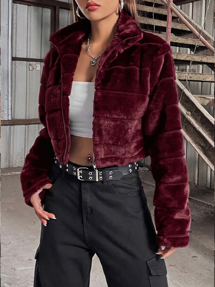 SHEIN Unity 女款拉鍊短版泰迪毛絨外套 黑色毛皮夾克 短版外套 - 酒紅色 - 查看 1