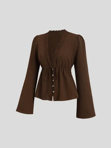 Sweetra Women's New Fashion Versatile A-Line V-Neck Petal Sleeve Blouse With Lace Trim, Long Sleeve, Front Button Opening - Brown - View 3