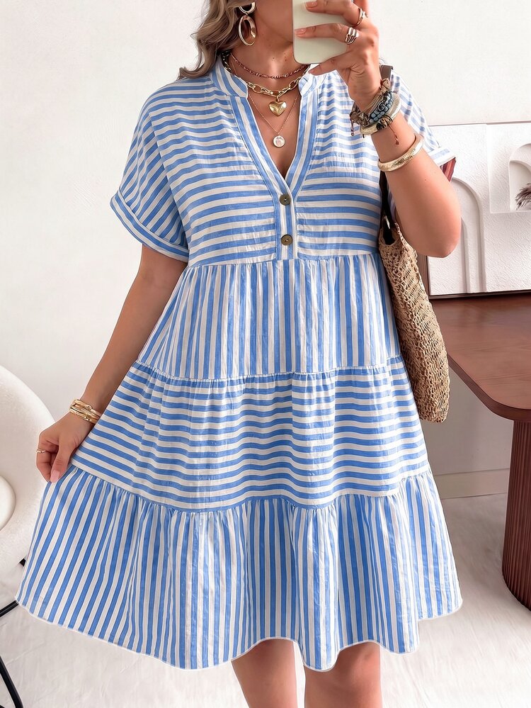 Ceyna Plus Size V-Neck Polo Sleeve Casual Bohemian Boho Washed Gauze Crinkle Dress Vacation White Summer Brunch Beach Vacation Formal Bussines - Blue - View 3