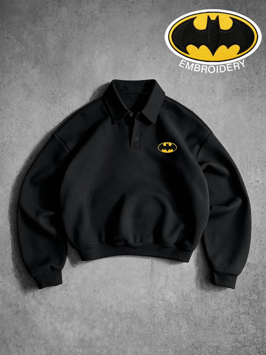 BATMAN X SHEIN Manfinity EMRG Men's Cartoon Embroidered Long Sleeve Casual Polo Neck Pullover Sweatshirt - Multicolor - View 1