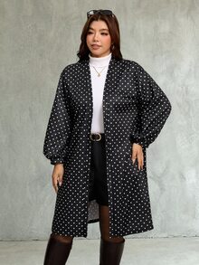 SHEIN LUNE 大尺碼女款秋冬長袖波點中長版柔軟舒適休閒日常穿著夾克 - 黑與白 - 查看 3