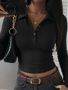DAZY 女款領口短袖修身內搭性感休閒套頭街頭風T恤 - 黑色 - 查看 3