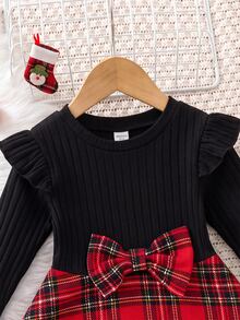 SHEIN Baby Girl Round Neck Long Sleeve Patchwork Plaid Hem Bow Decor Cute Dress - Red - View 8