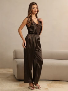HautHeat Women's Contrast Lace Front Tie Sleeveless Elegant Jumpsuit Nightgown - Coffee Brown - View 4