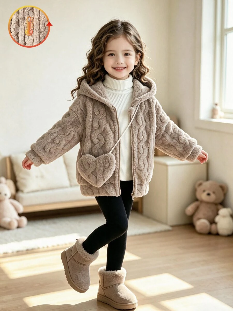 Elladie kids YOUNG GIRLS 棕色粗針織抓絨拉鍊連帽外套夾克,附毛絨斜背小包 2 件套長袖上衣,秋季服飾,毛絨加厚 - 卡其色 - 查看 1
