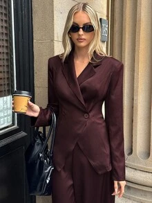 Aloruh Setelan Kerja Wanita Elegan, Warna Burgundy, 2 Potongan, Blazer Lengan Panjang dan Celana Panjang Warna Polos untuk Musim Gugur/Dingin - Burgundy - View 6
