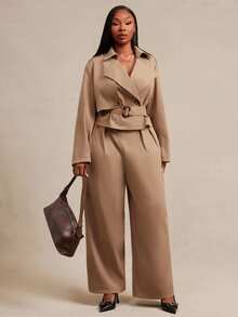 SHEIN SXY Plus Size Women's Solid Color Long Sleeve Jacket And Wide Leg Pants Casual Suit 2 Pieces Set - Khaki - View 6