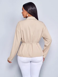SOLERSUN Women's Lapel V-Neck Wrap Blouse Long Sleeve Ruched Side Tie Draped Shirt,Drawstring Ruched Waist ShirtElegant Casual Office Work Tops - Apricot - View 2