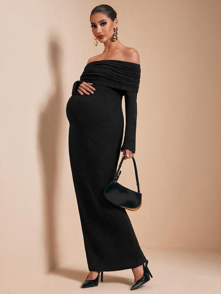 MaterniChic Elegant Maternity Off-Shoulder Long Sleeve Dress - Black - View 6