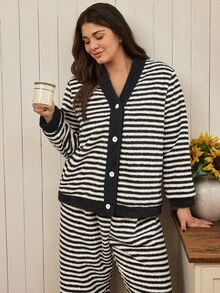Doze Lane Women's Plus Size Coral Fleece Striped Casual Pajamas - Black and White - View 5