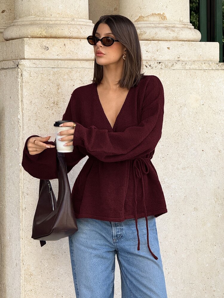 Siren Gaze Cardigan Musim Gugur dan Musim Dingin Baru untuk Wanita, Model Kasual Lilit Warna Polos Serbaguna Longgar dengan Ikat Pinggang, Hangat dan Lembut Warna Burgundy/Wine - Burgundy - View 7