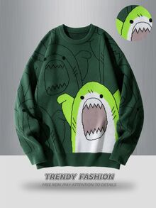 Manfinity Hypemode Men's Casual Cartoon Pattern Knit Sweater, Autumn/Winter Back To School, Long Sleeve Top - Dark Green - View 1
