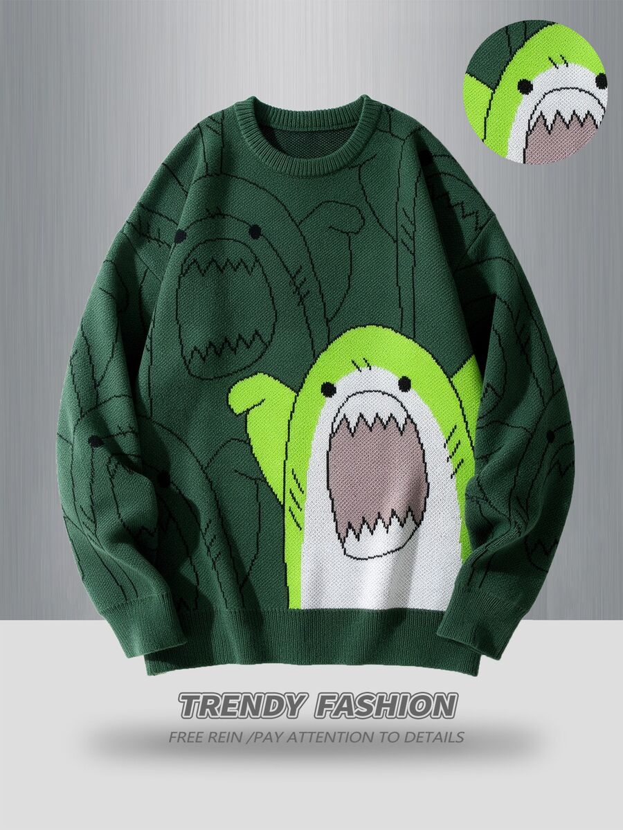 Manfinity Hypemode Men's Casual Cartoon Pattern Knit Sweater, Autumn/Winter Back To School, Long Sleeve Top - Dark Green - View 1