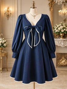 Rometta Plus Size Women Bowknot Decor Long Sleeve Casual Dress - Navy Blue - View 1