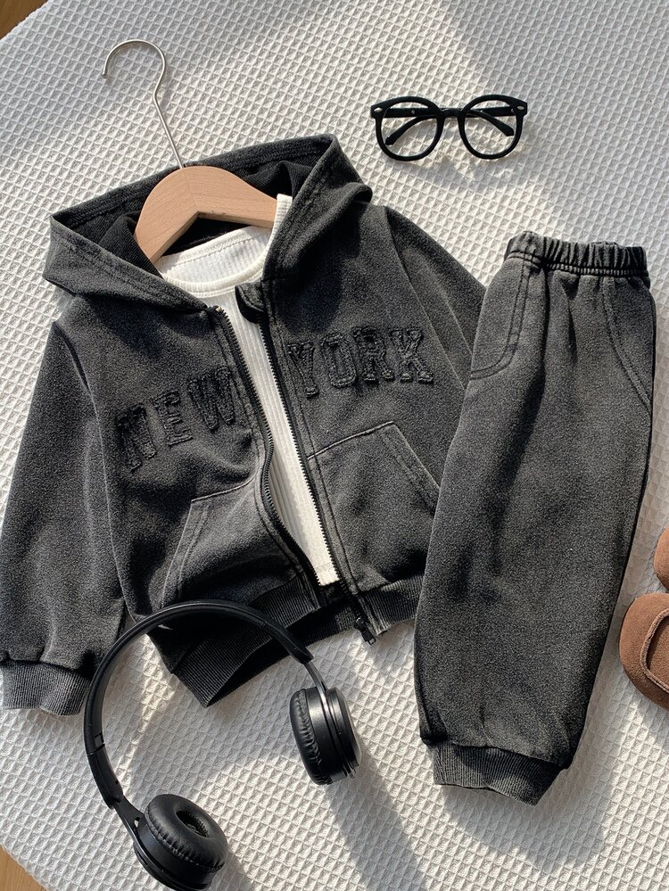 SHEIN Unisex Baby Boy/Girl, Toddler 2pcs Autumn/Winter Casual Fashion Black Tie-Dye Hooded Jacket Set, Sweatshirt Set, Baby Winter Outfit Set, Streetwear - Black - View 7