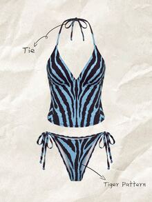 Elavelle Halloween Costume Women's Spring/Summer/Fall Random Print Spaghetti Strap Tank Top Elegant Bikini Set Blue Black Tiger Pattern Going Out Outfit - Multicolor - View 1