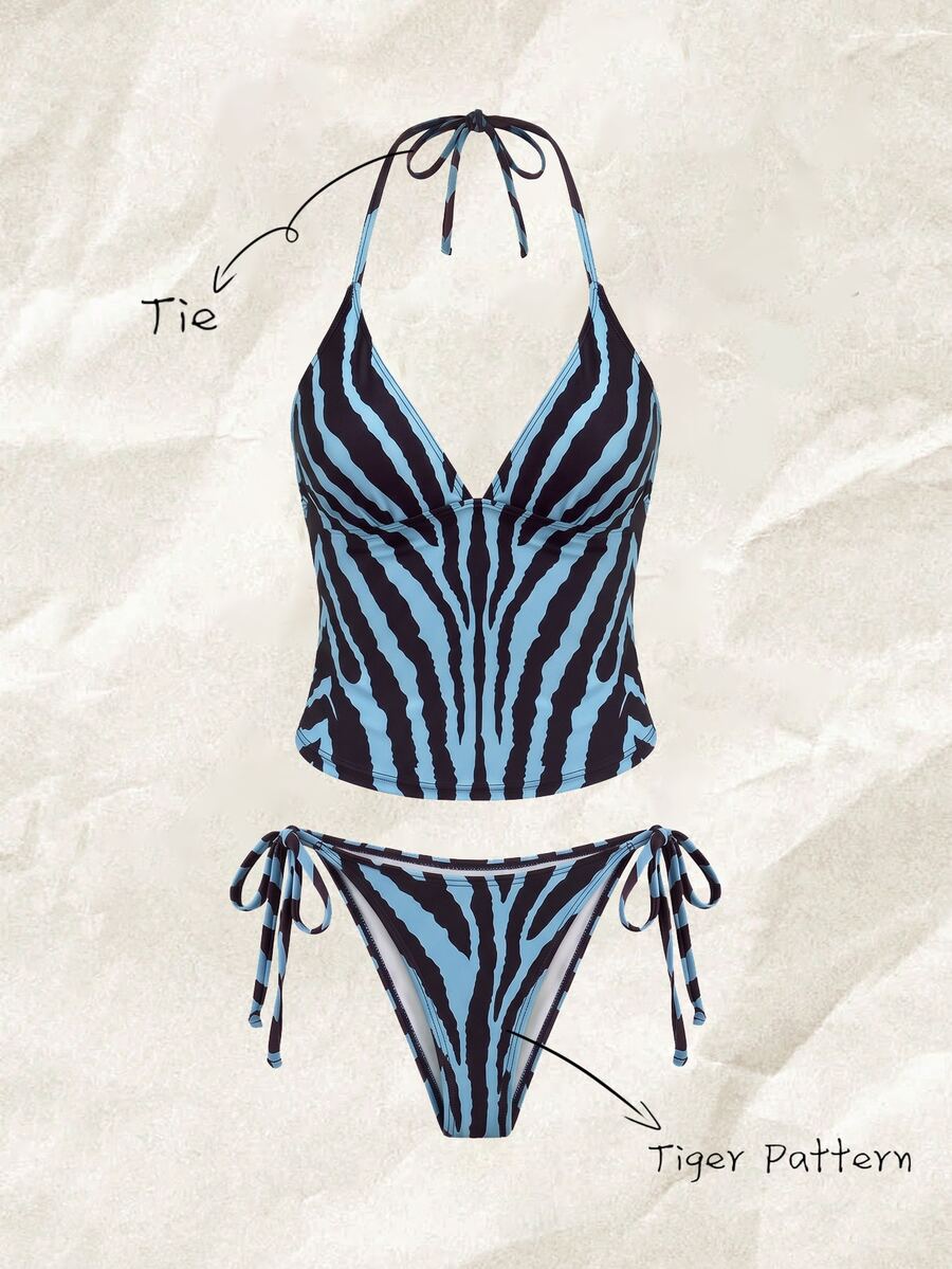 Elavelle Halloween Costume Women's Spring/Summer/Fall Random Print Spaghetti Strap Tank Top Elegant Bikini Set Blue Black Tiger Pattern Going Out Outfit - Multicolor - View 1