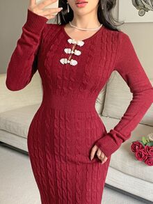 Feyla Women's Vintage Fashion Frog Button Sweater Dress - Burgundy - View 1