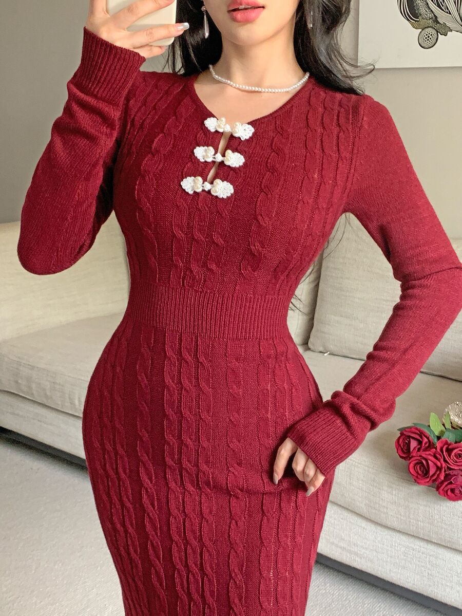 Feyla Women's Vintage Fashion Frog Button Sweater Dress - Burgundy - View 1