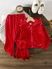 SHEIN 女童天鵝絨連帽長袖外套與長褲套裝，適合秋冬穿著，時尚百搭且舒適 - 紅色 - 查看 1