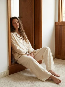 Livesso Women's Color Block Bow Decor Long Sleeve Top And Pants Casual Daily Pajama Set - Beige - View 10
