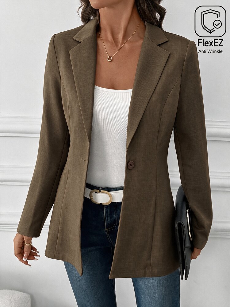 SHEIN Clasi Women's Casual Commute Solid Color Wrinkle-Resistant Business Work Blazer, Autumn Style - Brown - View 8