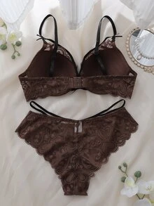 DelicateAllure 女款蕾絲拼接細肩帶內衣與三角內褲性感內衣套裝 - 咖啡棕 - 查看 2
