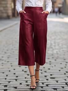 EMERY ROSE Women's Fashion Versatile Casual Commute Going Out Night Wide Leg Long Pants Halloween Black Fall - Burgundy - View 1
