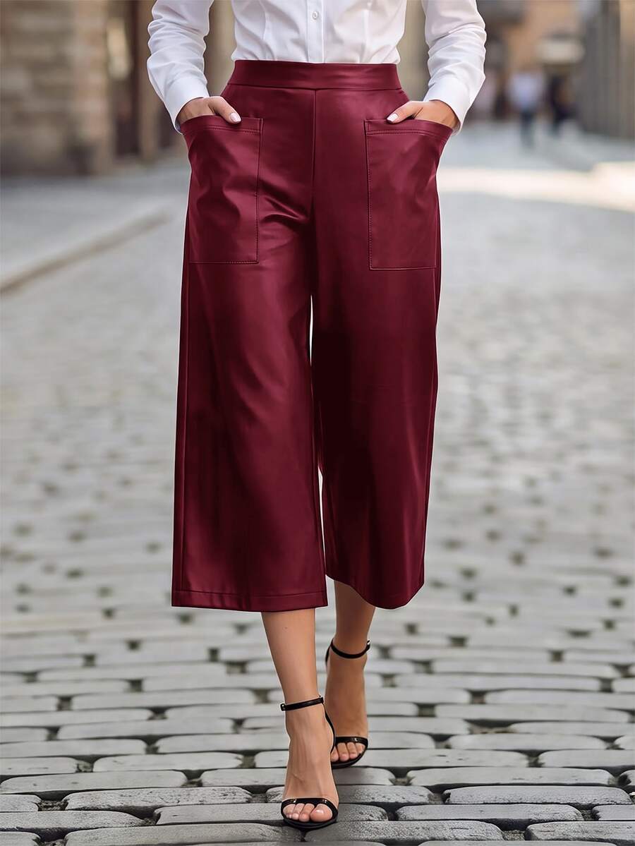 EMERY ROSE Women's Fashion Versatile Casual Commute Going Out Night Wide Leg Long Pants Halloween Black Fall - Burgundy - View 1