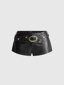ROMWE Hippie Sexy Hot Girl Low Waist Bodycon PU Rivet Women's Shorts - Black - View 1