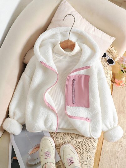 SHEIN Tween Girl Autumn/Winter Casual Outdoor Fleece Lined Thickened Coral Fleece Teddy Fleece Patchwork Woven Zipper Pocket Zipper Front Long Sleeve Hooded Jacket Coat Dusty Pink Sister Outfit